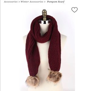 Long Burgundy Knitted Pom Pom Scarf